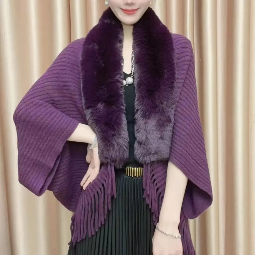 Knitted Fringed Fur-Neck Shawl