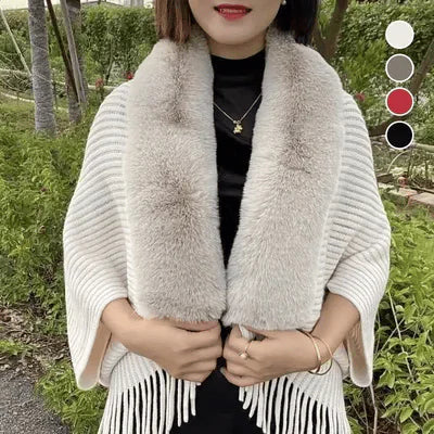 Knitted Fringed Fur-Neck Shawl