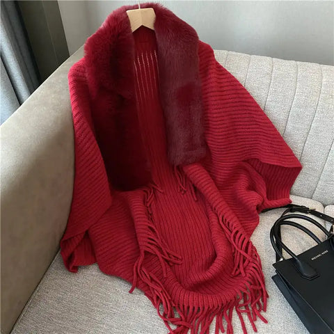 Knitted Fringed Fur-Neck Shawl