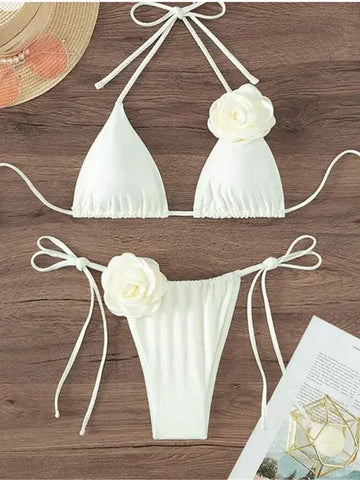 Strappy Halter 3D Flowers Bikini Set