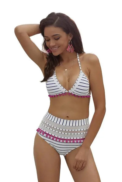 Blue White Striped Pom Pom Bikini