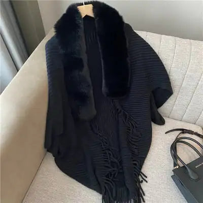 Knitted Fringed Fur-Neck Shawl